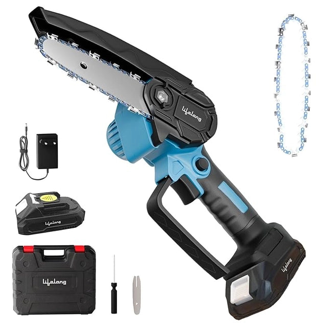 Cordless Mini Chainsaw 6-Inch 20V Rechargeable Electric Pruning Saw with 2 Batteries & Carry Case