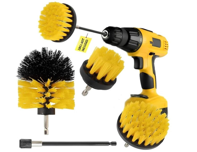 Power Drill Scrubber Brush Attachment Set (4 Brushes + Extension Rod)